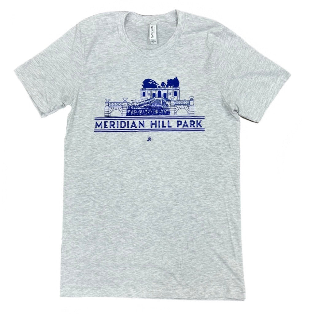 Gray t-shirt with 'Meridian Hill Park' graphic design on a white background