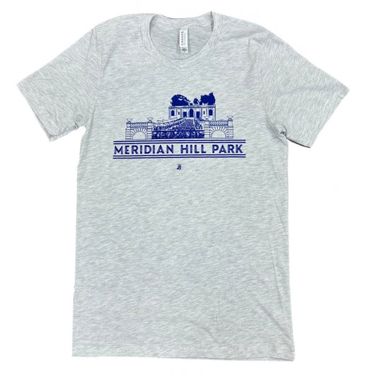 Gray t-shirt with 'Meridian Hill Park' graphic design on a white background