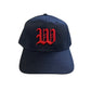 Navy blue cap with red logo on a white background