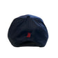 Navy blue cap with a red logo on a white background