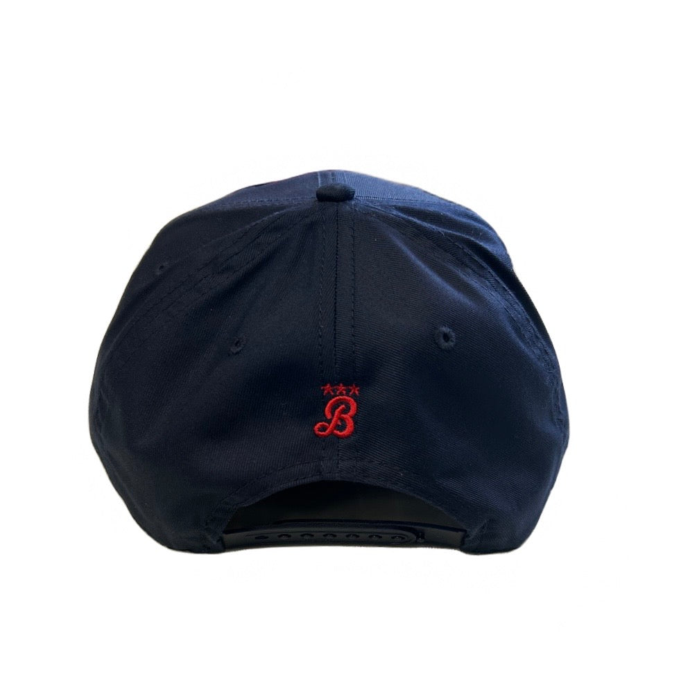 Navy blue cap with a red logo on a white background